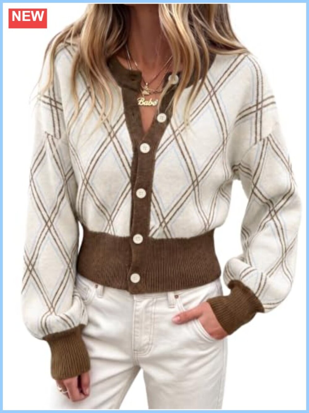 Cropped Argyle Plaid Cardigan Sweater Preppy Button Down Crew Neck Knit